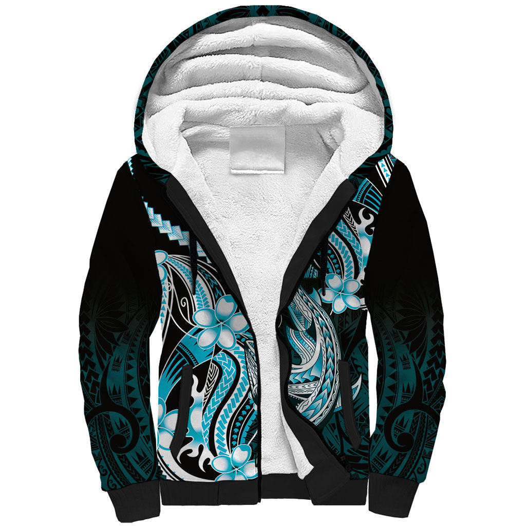 Blue Black Aloha Hawaii Sherpa Hoodie Polynesian Shark Tattoo Plumeria