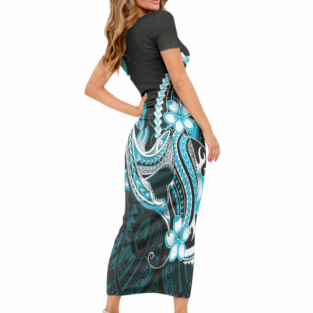 Blue Black Aloha Hawaii Short Sleeve Bodycon Dress Polynesian Shark Tattoo Plumeria LT14 - Polynesian Pride
