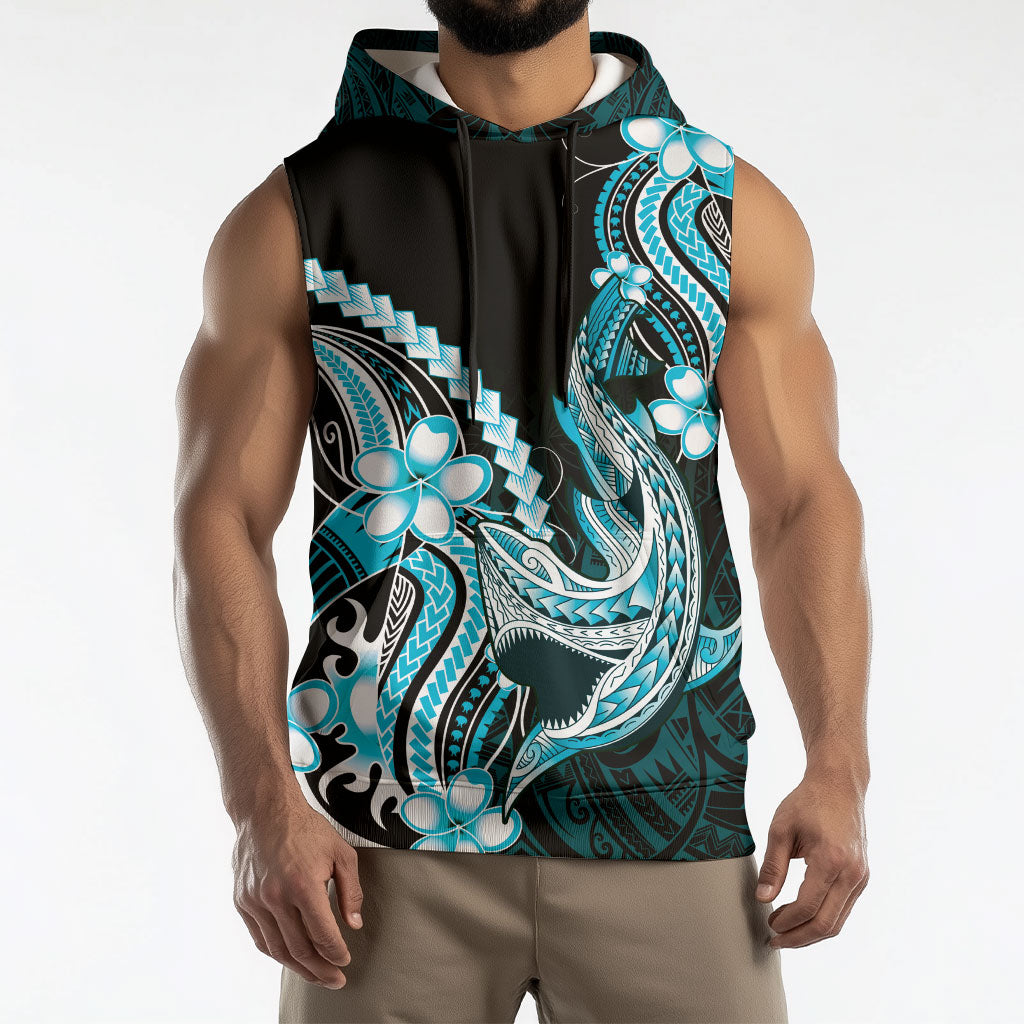 Blue Black Aloha Hawaii Sleeveless Hoodie Polynesian Shark Tattoo Plumeria