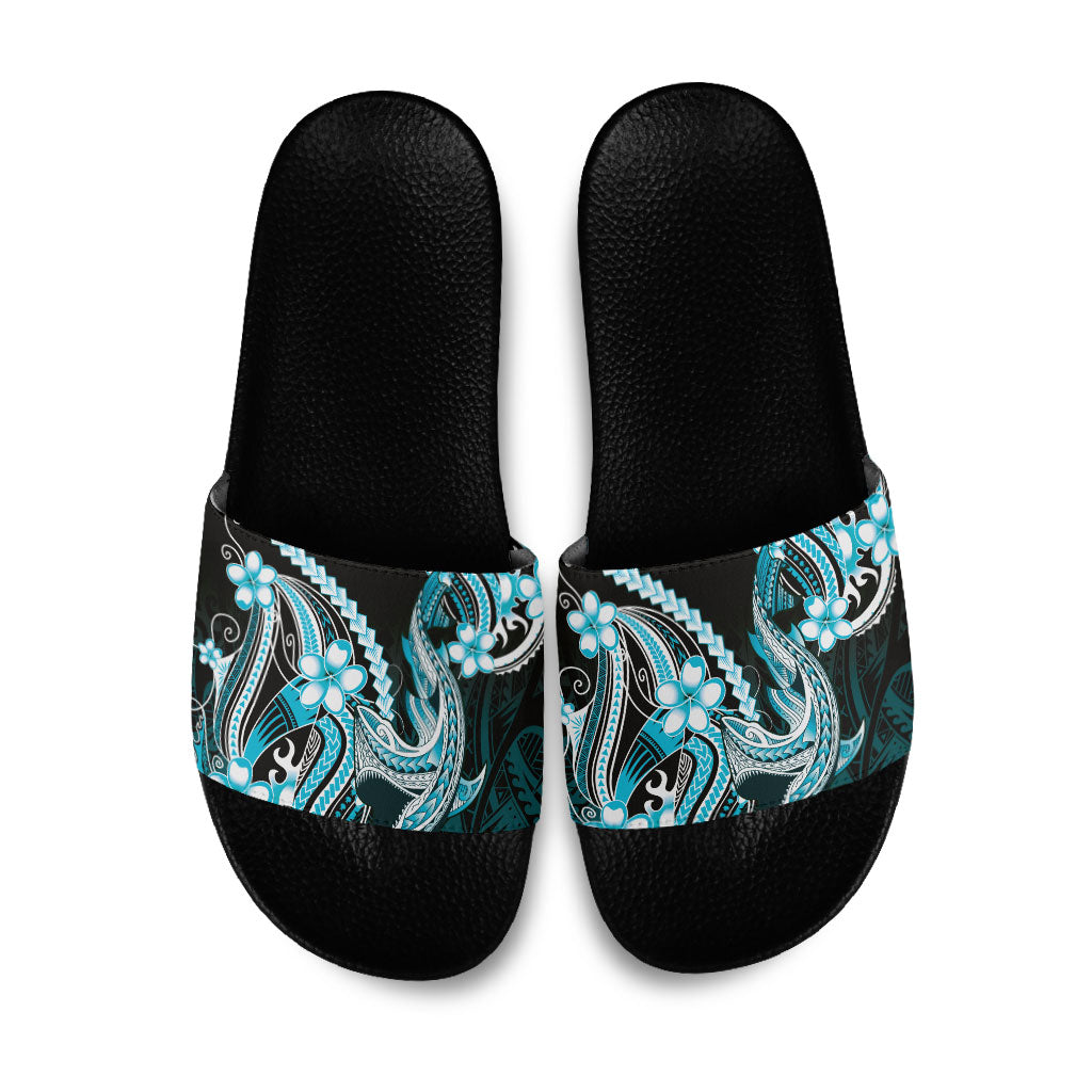 Blue Black Aloha Hawaii Slide Sandals Polynesian Shark Tattoo Plumeria