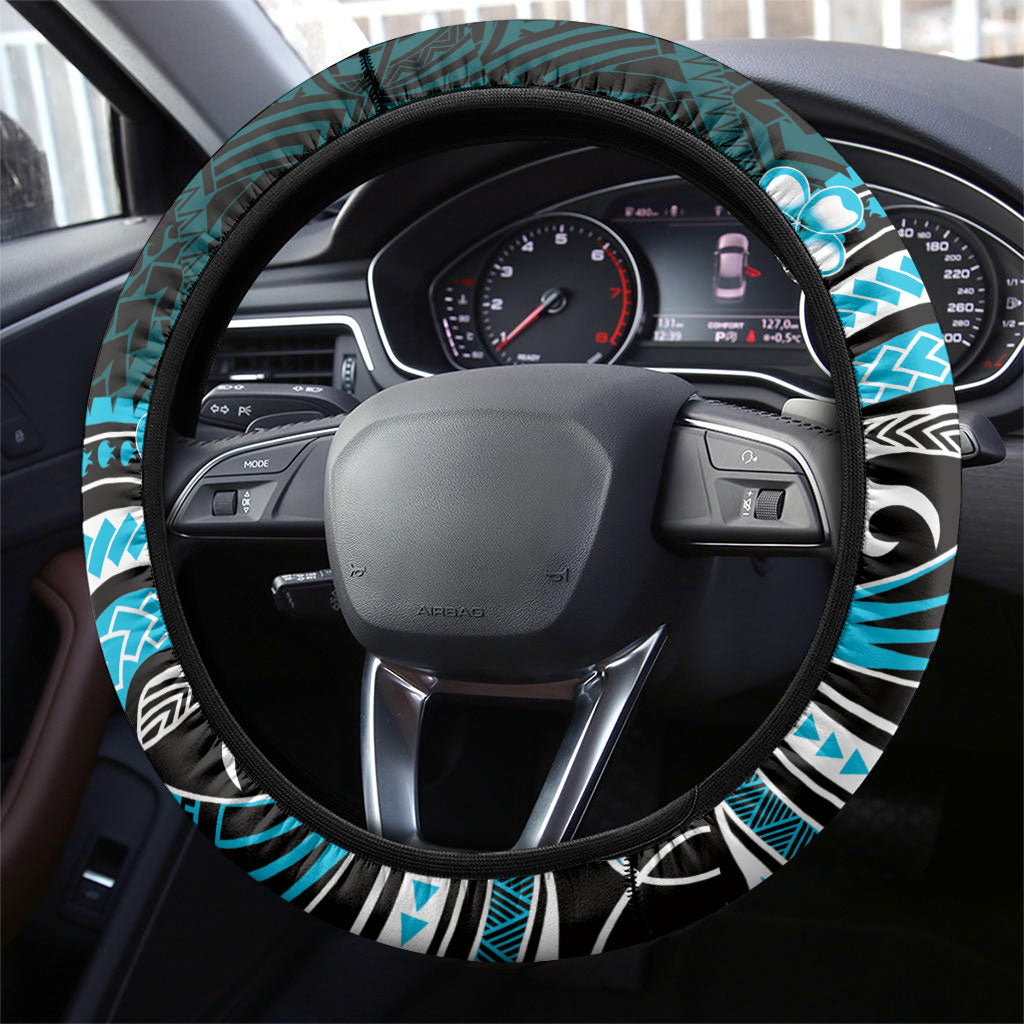 Blue Black Aloha Hawaii Steering Wheel Cover Polynesian Shark Tattoo Plumeria LT14 - Polynesian Pride