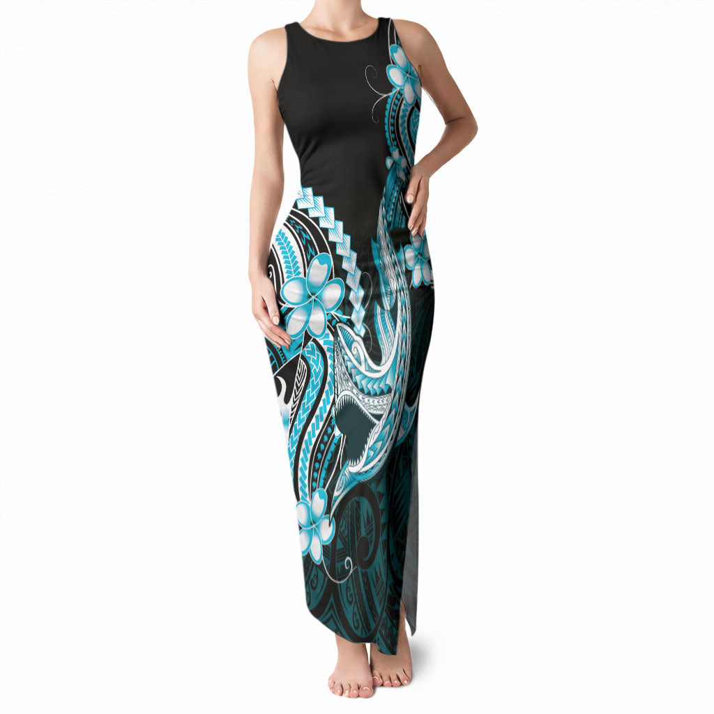 Blue Black Aloha Hawaii Tank Maxi Dress Polynesian Shark Tattoo Plumeria LT14 Women Blue - Polynesian Pride