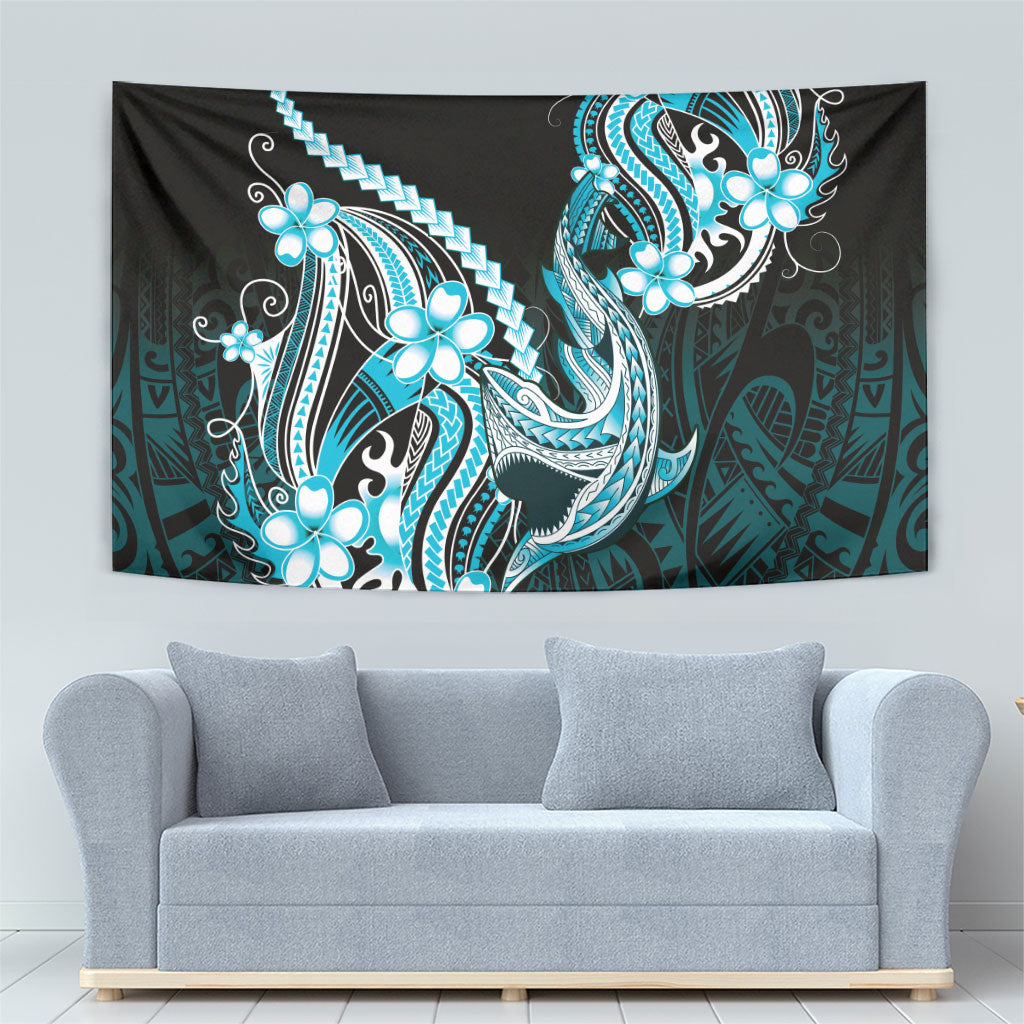 Blue Black Aloha Hawaii Tapestry Polynesian Shark Tattoo Plumeria