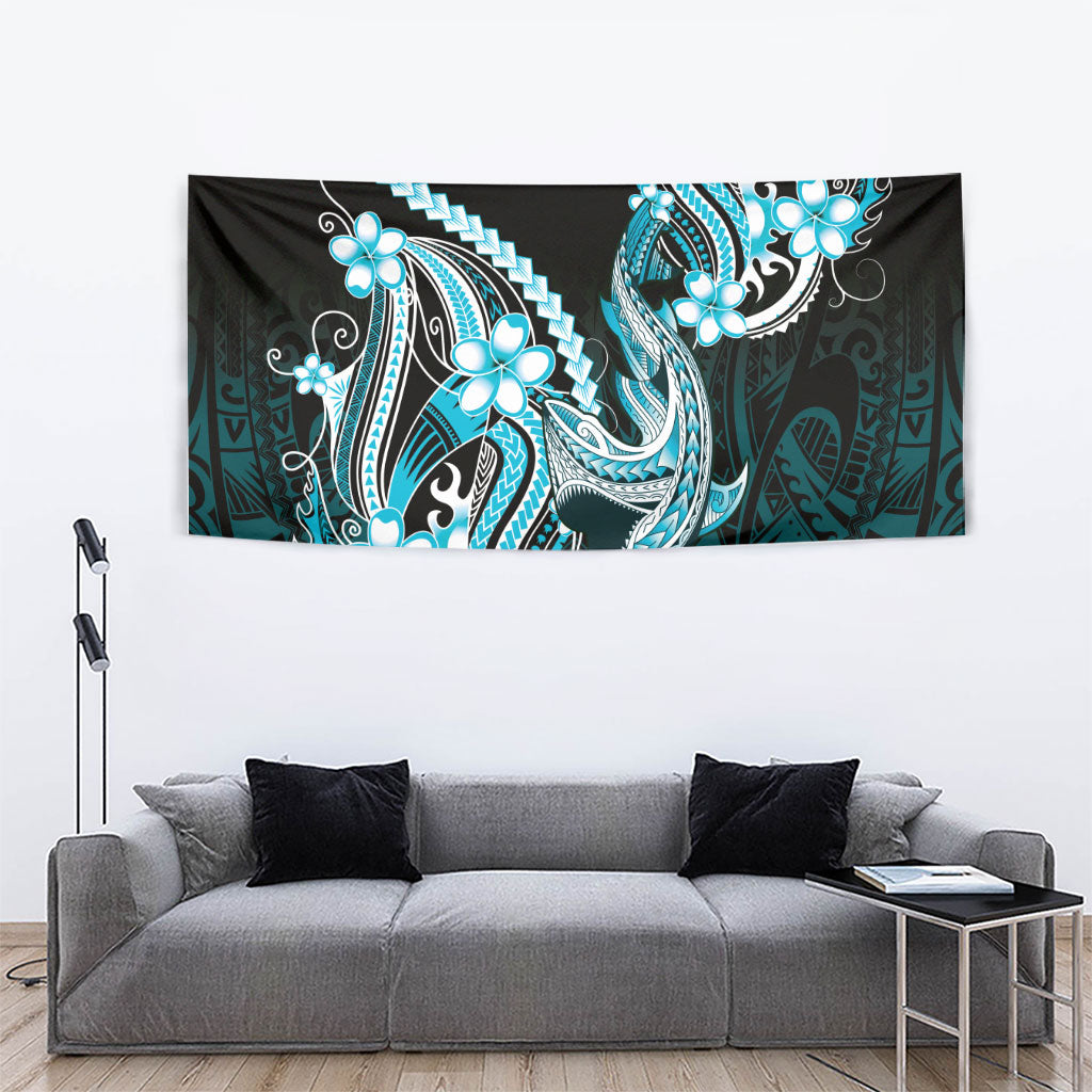 Blue Black Aloha Hawaii Tapestry Polynesian Shark Tattoo Plumeria