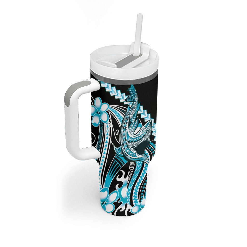 Blue Black Aloha Hawaii Tumbler With Handle Polynesian Shark Tattoo Plumeria