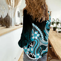 Blue Black Aloha Hawaii Women Casual Shirt Polynesian Shark Tattoo Plumeria LT14 - Polynesian Pride