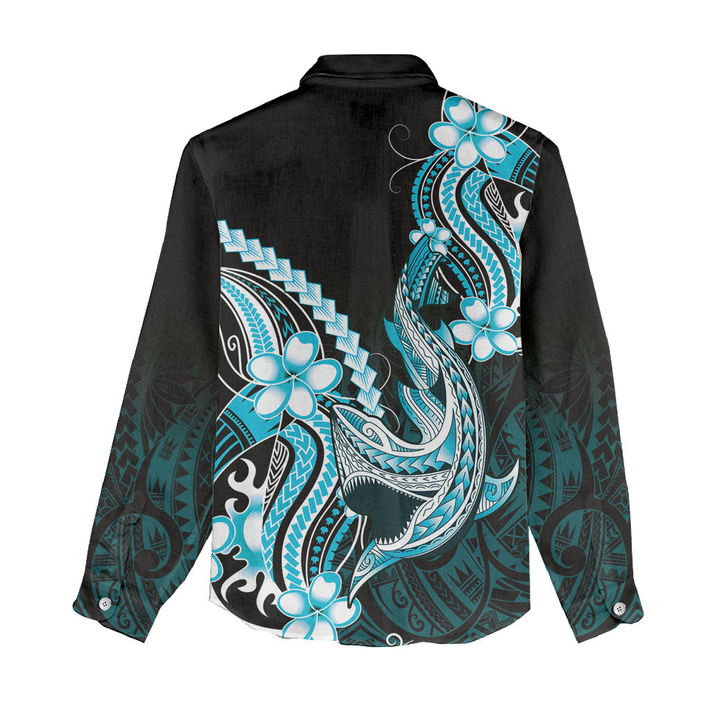 Blue Black Aloha Hawaii Women Casual Shirt Polynesian Shark Tattoo Plumeria LT14 - Polynesian Pride