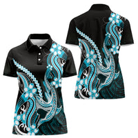 Blue Black Aloha Hawaii Women Polo Shirt Polynesian Shark Tattoo Plumeria