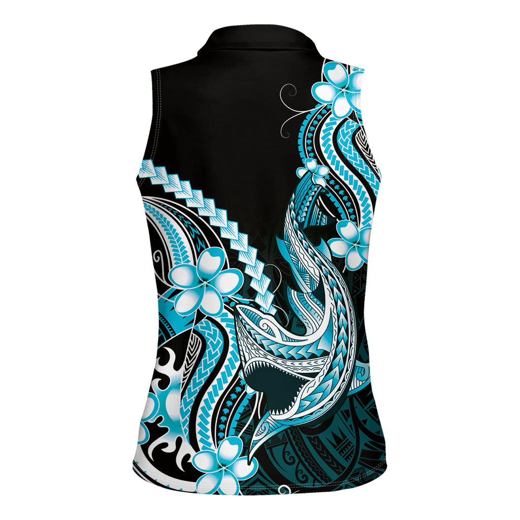 Blue Black Aloha Hawaii Women Sleeveless Polo Shirt Polynesian Shark Tattoo Plumeria LT14 - Polynesian Pride