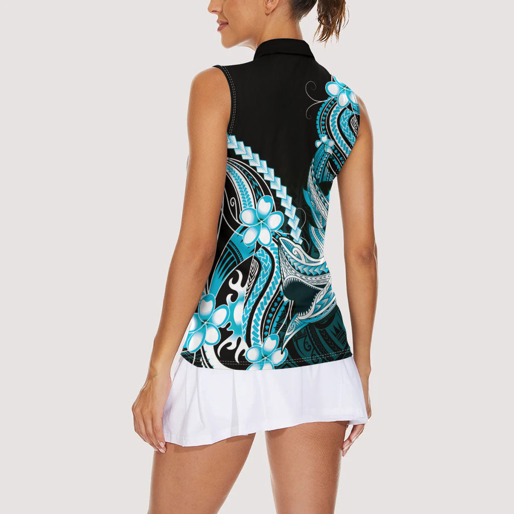 Blue Black Aloha Hawaii Women Sleeveless Polo Shirt Polynesian Shark Tattoo Plumeria LT14 - Polynesian Pride