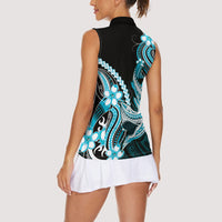 Blue Black Aloha Hawaii Women Sleeveless Polo Shirt Polynesian Shark Tattoo Plumeria LT14 - Polynesian Pride