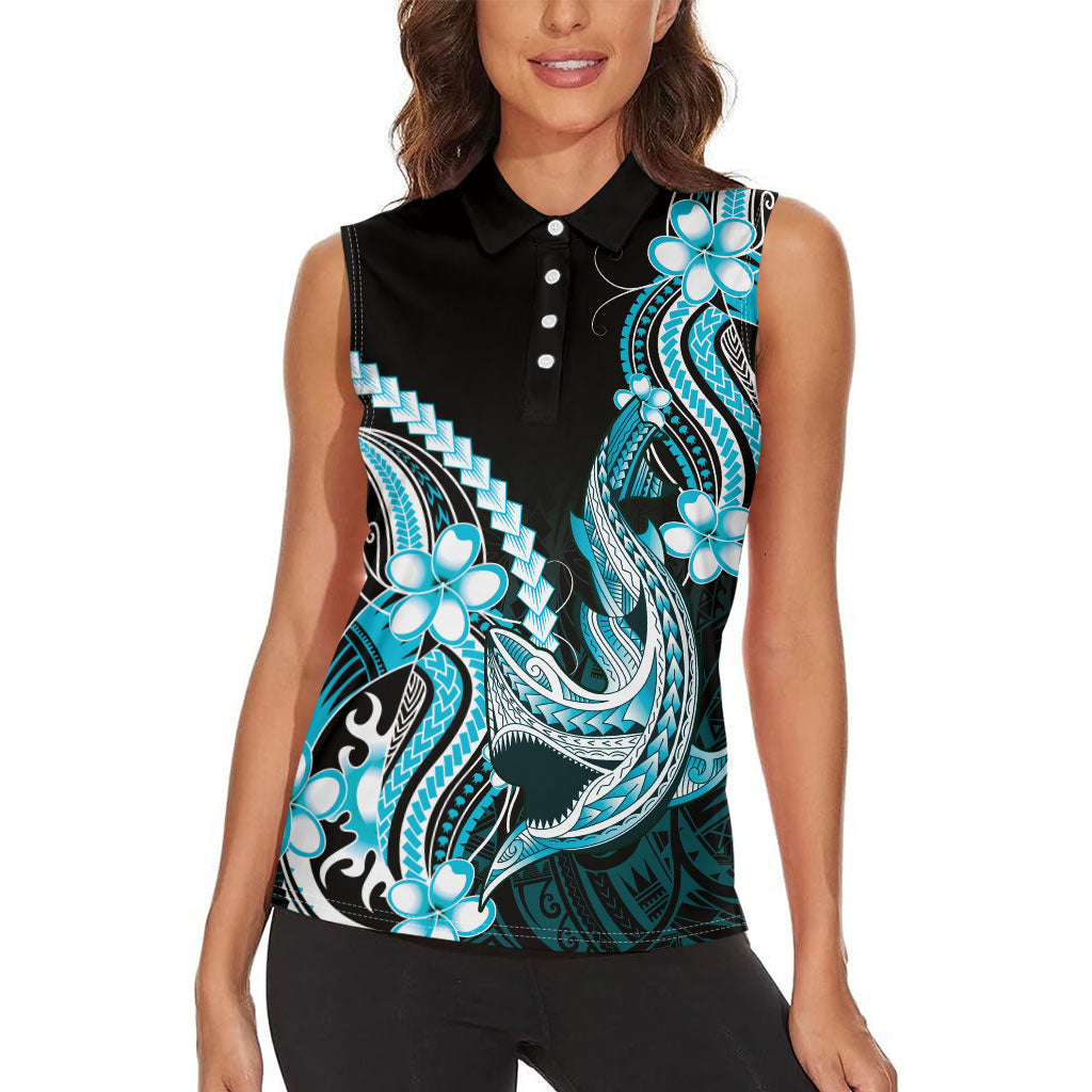 Blue Black Aloha Hawaii Women Sleeveless Polo Shirt Polynesian Shark Tattoo Plumeria LT14 - Polynesian Pride