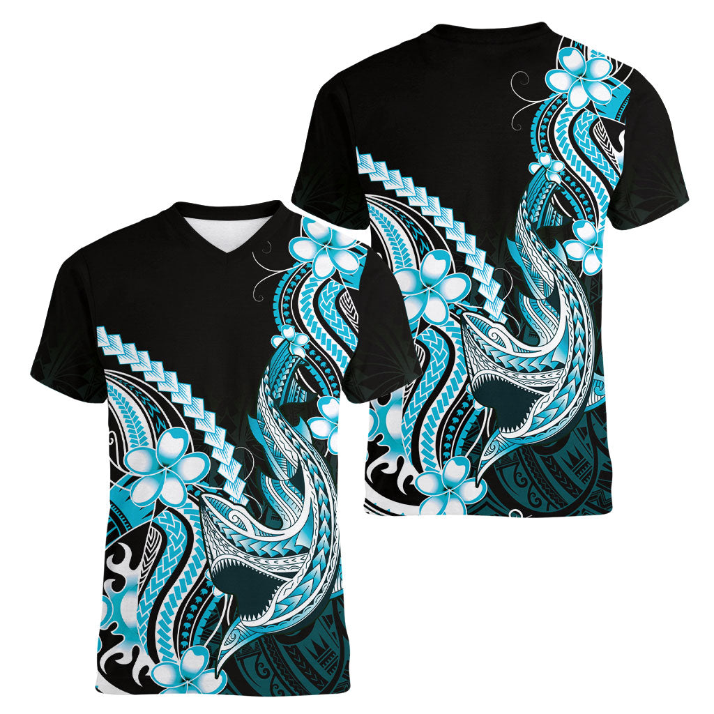 Blue Black Aloha Hawaii Women V-Neck T-Shirt Polynesian Shark Tattoo Plumeria LT14 - Polynesian Pride