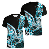 Blue Black Aloha Hawaii Women V-Neck T-Shirt Polynesian Shark Tattoo Plumeria LT14 - Polynesian Pride
