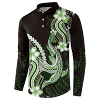 Green Black Aloha Hawaii Button Sweatshirt Polynesian Shark Tattoo Plumeria