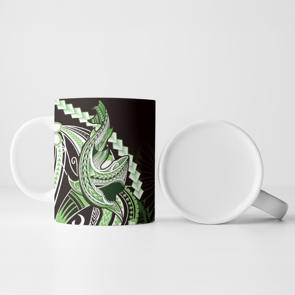 Green Black Aloha Hawaii Ceramic Mug Polynesian Shark Tattoo Plumeria