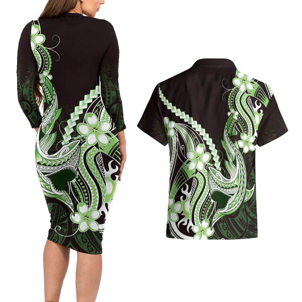 Green Black Aloha Hawaii Couples Matching Long Sleeve Bodycon Dress and Hawaiian Shirt Polynesian Shark Tattoo Plumeria LT14 - Polynesian Pride