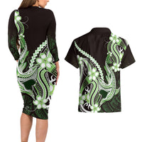 Green Black Aloha Hawaii Couples Matching Long Sleeve Bodycon Dress and Hawaiian Shirt Polynesian Shark Tattoo Plumeria LT14 - Polynesian Pride