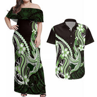 Green Black Aloha Hawaii Couples Matching Off Shoulder Maxi Dress and Hawaiian Shirt Polynesian Shark Tattoo Plumeria LT14 Green - Polynesian Pride