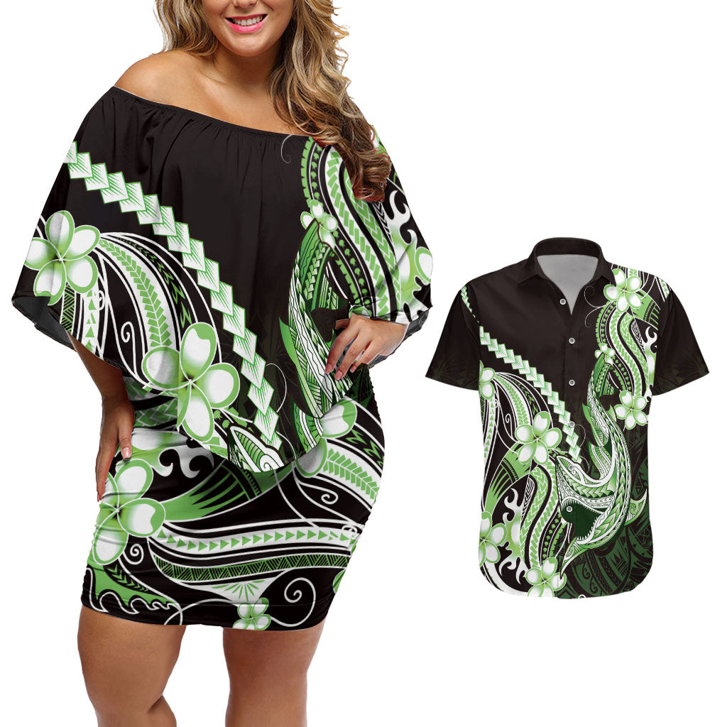 Green Black Aloha Hawaii Couples Matching Off Shoulder Short Dress and Hawaiian Shirt Polynesian Shark Tattoo Plumeria LT14 Green - Polynesian Pride