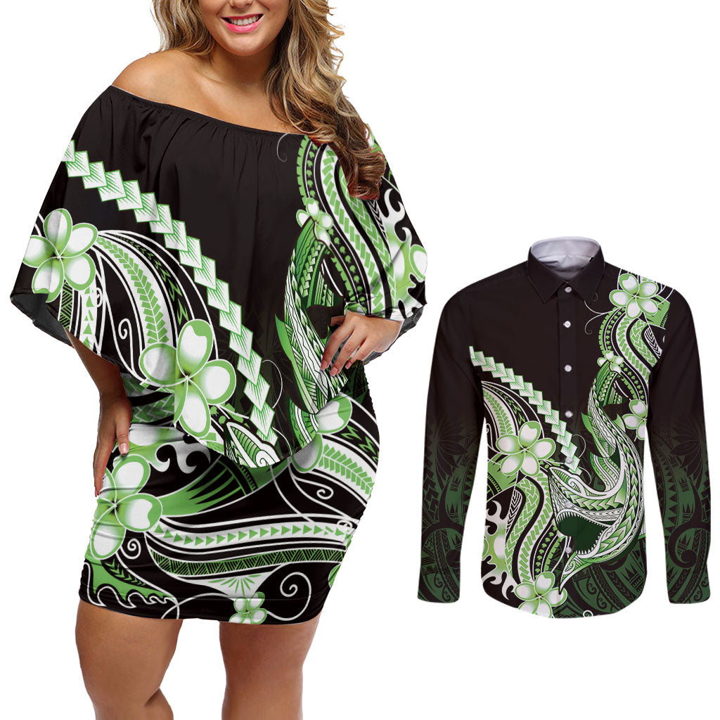 Green Black Aloha Hawaii Couples Matching Off Shoulder Short Dress and Long Sleeve Button Shirt Polynesian Shark Tattoo Plumeria LT14 Green - Polynesian Pride