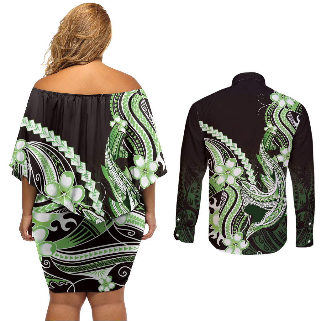 Green Black Aloha Hawaii Couples Matching Off Shoulder Short Dress and Long Sleeve Button Shirt Polynesian Shark Tattoo Plumeria LT14 - Polynesian Pride