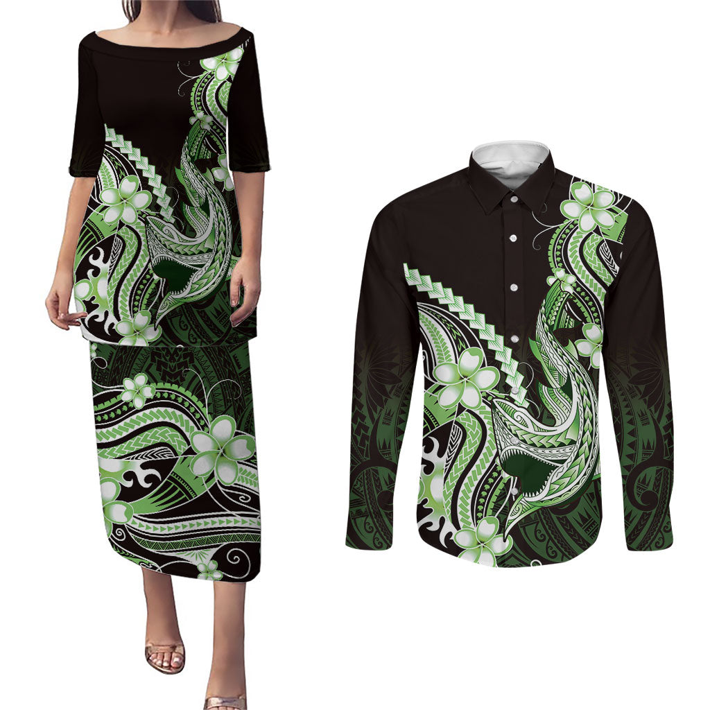 Green Black Aloha Hawaii Couples Matching Puletasi and Long Sleeve Button Shirt Polynesian Shark Tattoo Plumeria LT14 Green - Polynesian Pride
