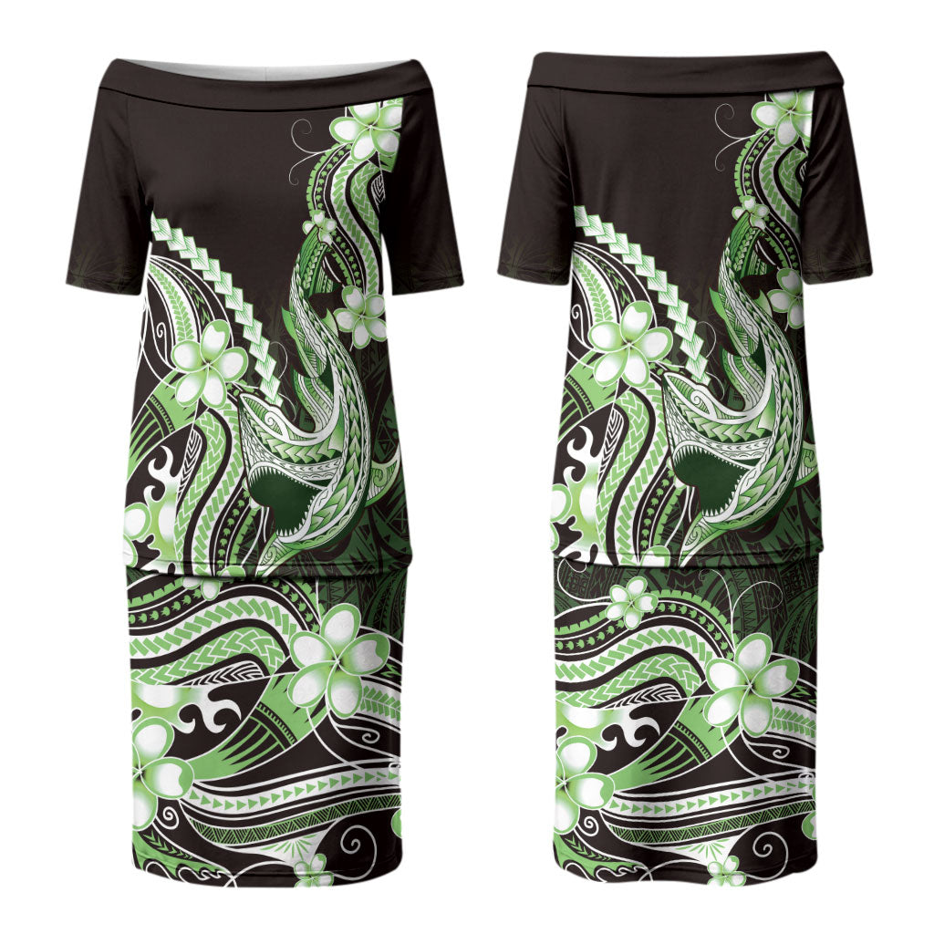Green Black Aloha Hawaii Couples Matching Puletasi and Long Sleeve Button Shirt Polynesian Shark Tattoo Plumeria LT14 - Polynesian Pride