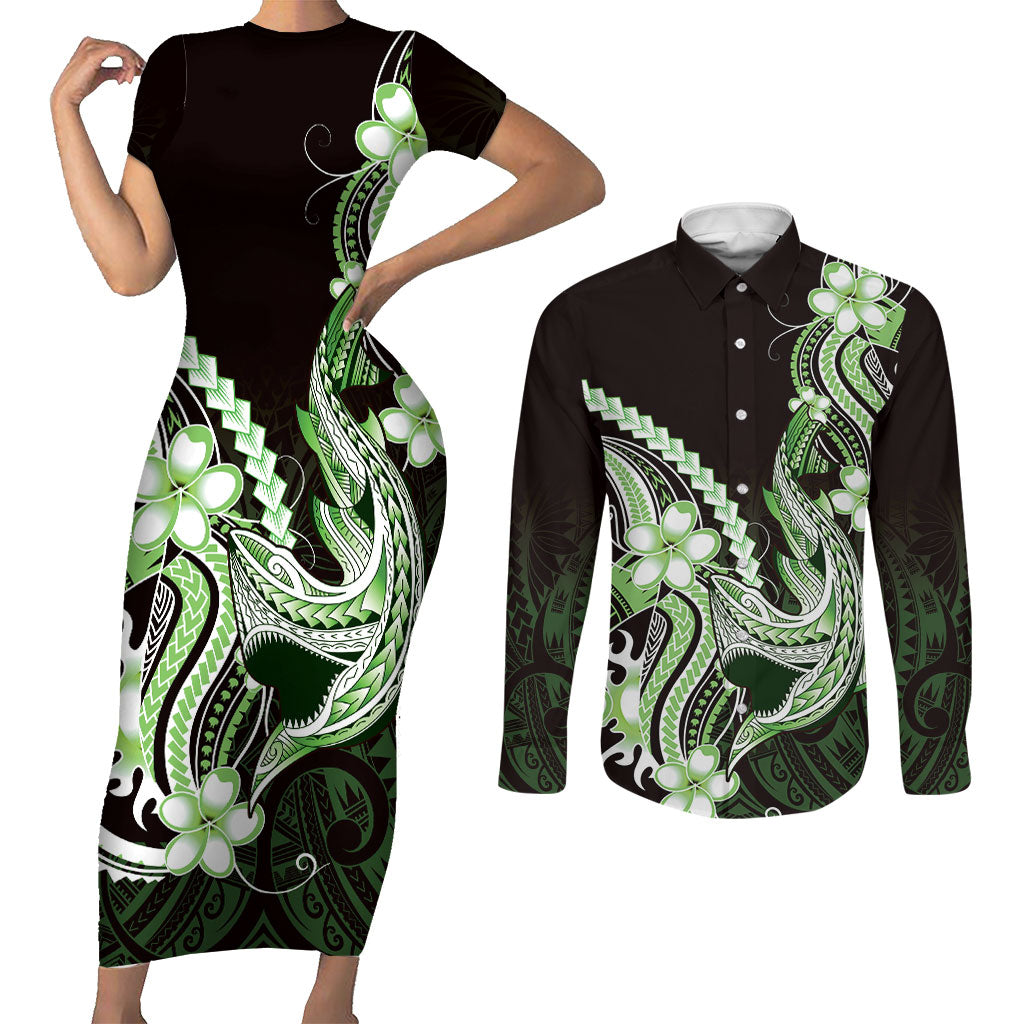 Green Black Aloha Hawaii Couples Matching Short Sleeve Bodycon Dress and Long Sleeve Button Shirt Polynesian Shark Tattoo Plumeria LT14 Green - Polynesian Pride