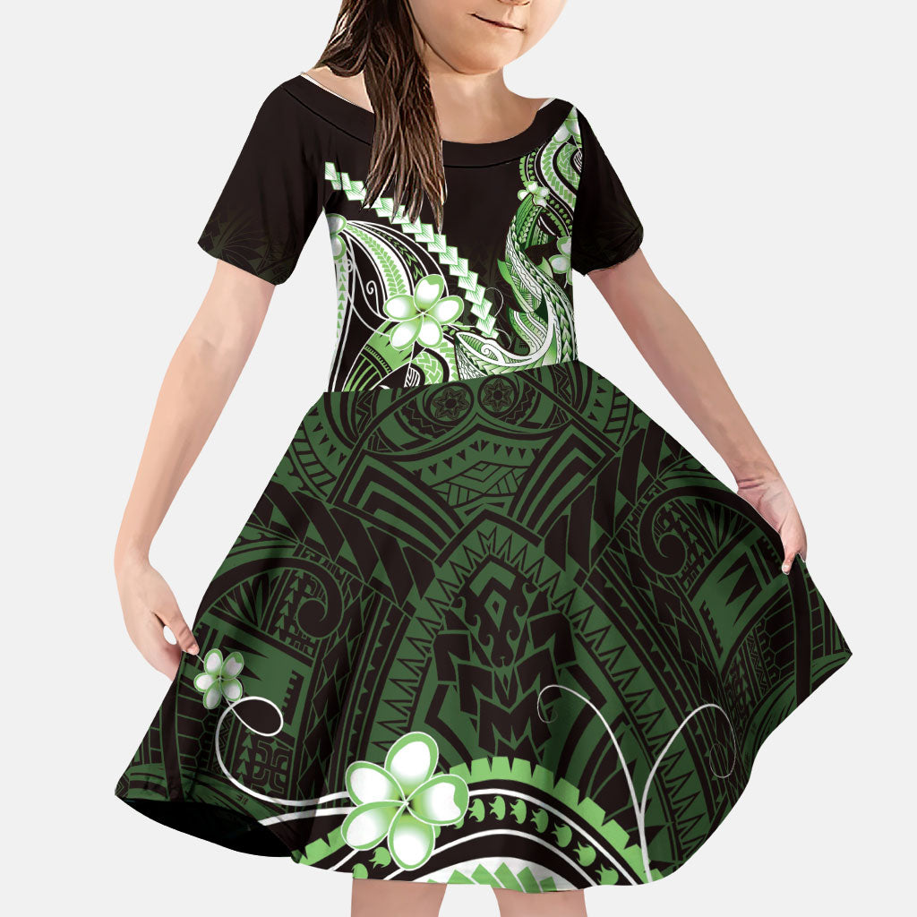 Green Black Aloha Hawaii Family Matching Long Sleeve Bodycon Dress and Hawaiian Shirt Polynesian Shark Tattoo Plumeria LT14 Daughter's Dress Green - Polynesian Pride