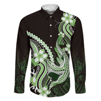 Green Black Aloha Hawaii Family Matching Long Sleeve Bodycon Dress and Hawaiian Shirt Polynesian Shark Tattoo Plumeria LT14 Dad's Shirt - Long Sleeve Green - Polynesian Pride