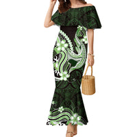 Green Black Aloha Hawaii Family Matching Mermaid Dress and Hawaiian Shirt Polynesian Shark Tattoo Plumeria LT14 Mom's Dress Green - Polynesian Pride