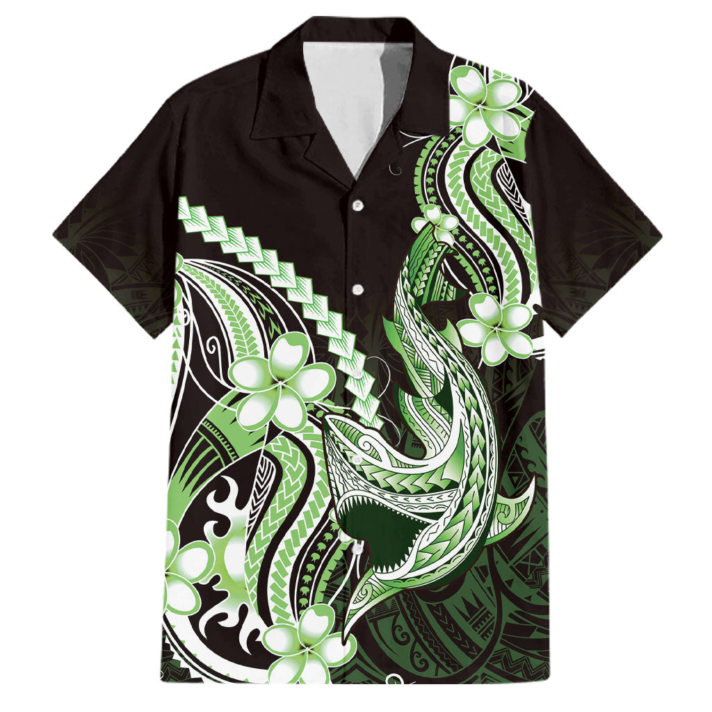 Green Black Aloha Hawaii Family Matching Off The Shoulder Long Sleeve Dress and Hawaiian Shirt Polynesian Shark Tattoo Plumeria LT14 Dad's Shirt - Short Sleeve Green - Polynesian Pride