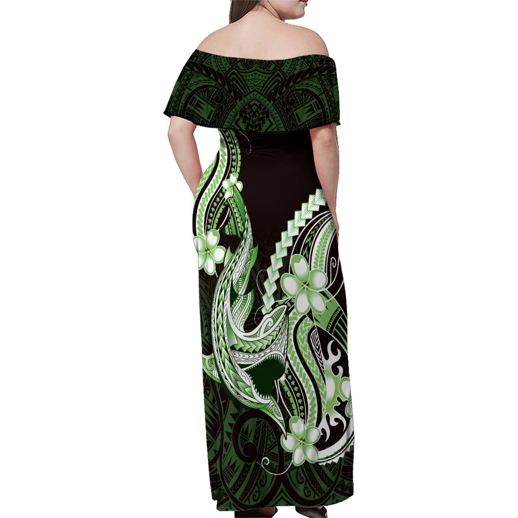 Green Black Aloha Hawaii Family Matching Off Shoulder Maxi Dress and Hawaiian Shirt Polynesian Shark Tattoo Plumeria LT14 - Polynesian Pride