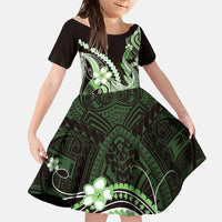 Green Black Aloha Hawaii Family Matching Off Shoulder Short Dress and Hawaiian Shirt Polynesian Shark Tattoo Plumeria LT14 Daughter's Dress Green - Polynesian Pride