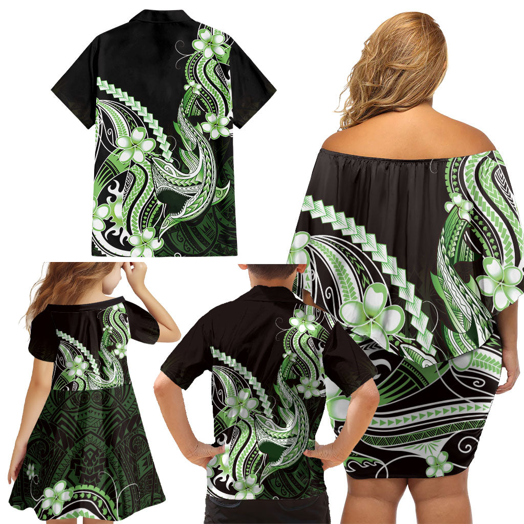 Green Black Aloha Hawaii Family Matching Off Shoulder Short Dress and Hawaiian Shirt Polynesian Shark Tattoo Plumeria LT14 - Polynesian Pride