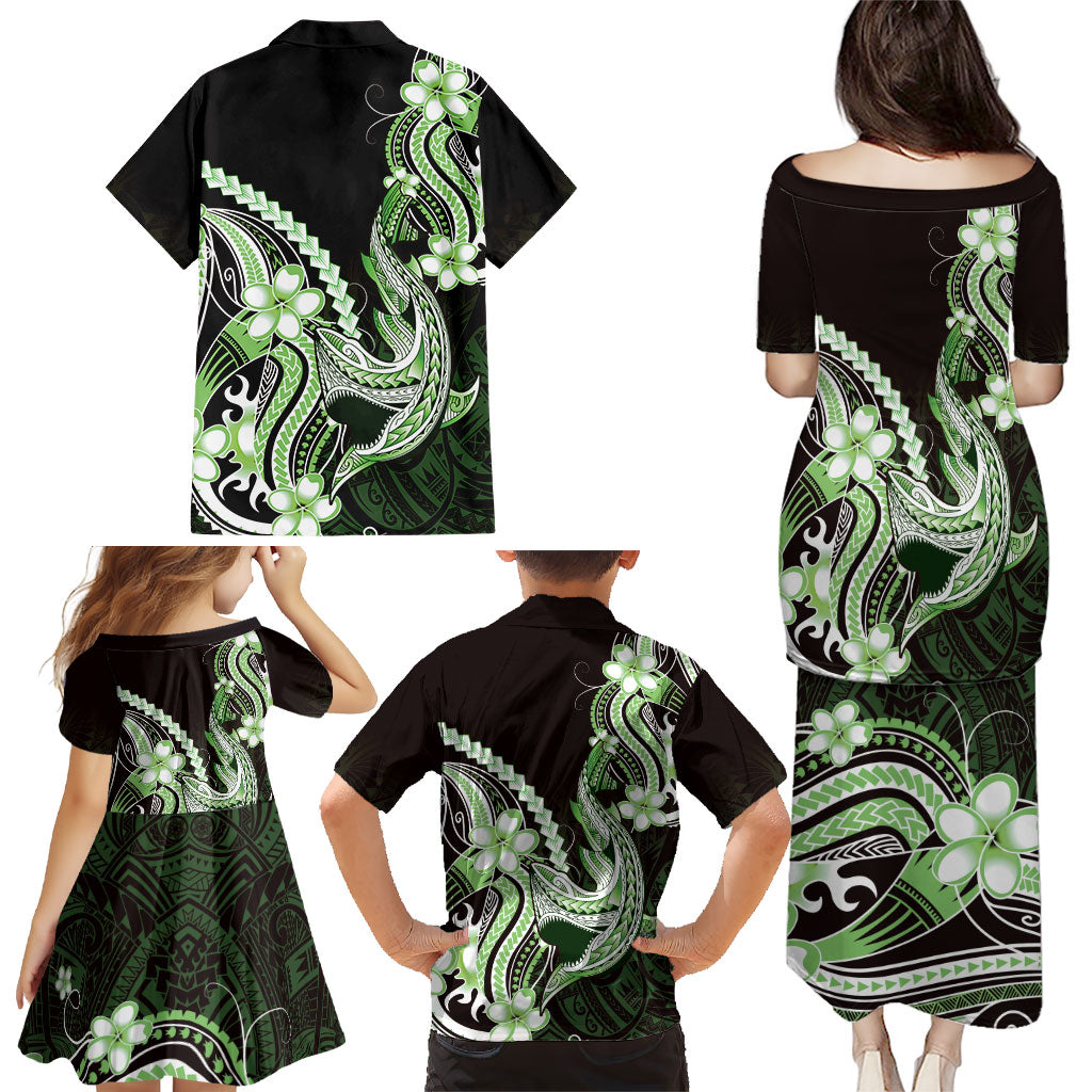 Green Black Aloha Hawaii Family Matching Puletasi and Hawaiian Shirt Polynesian Shark Tattoo Plumeria LT14 - Polynesian Pride