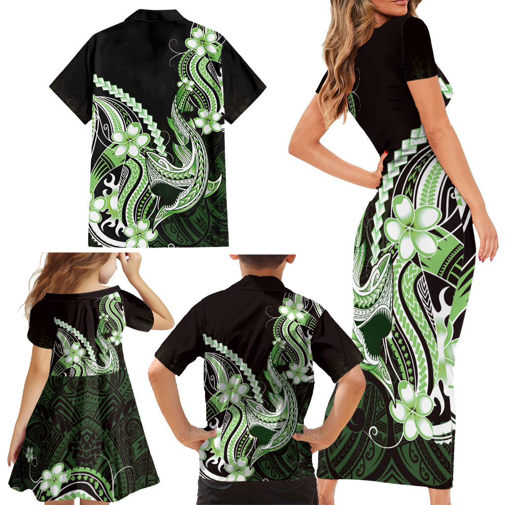 Green Black Aloha Hawaii Family Matching Short Sleeve Bodycon Dress and Hawaiian Shirt Polynesian Shark Tattoo Plumeria LT14 - Polynesian Pride