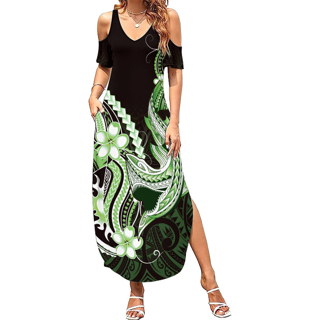 Green Black Aloha Hawaii Family Matching Summer Maxi Dress and Hawaiian Shirt Polynesian Shark Tattoo Plumeria LT14 Mom's Dress Green - Polynesian Pride