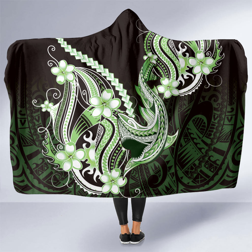 Green Black Aloha Hawaii Hooded Blanket Polynesian Shark Tattoo Plumeria