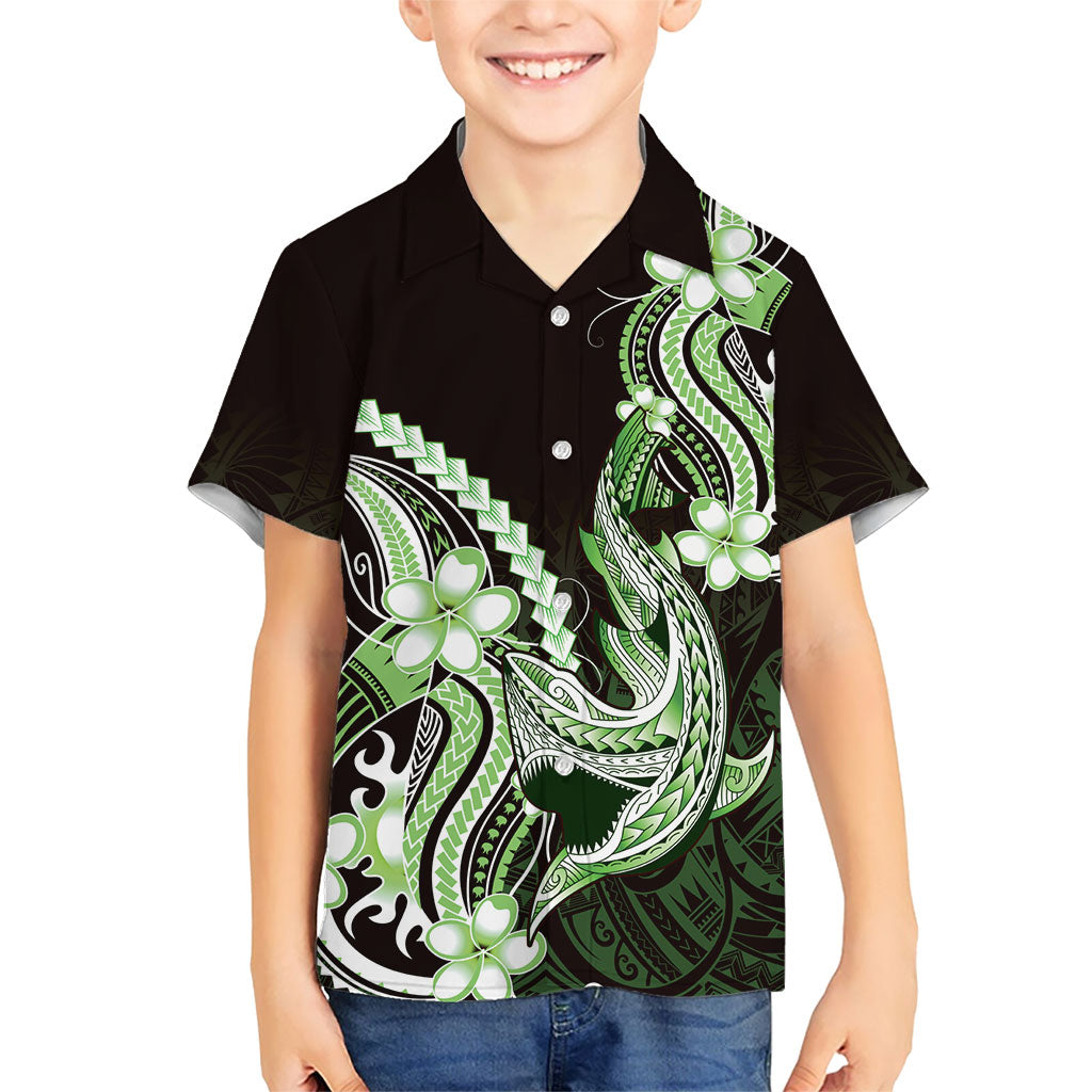 Green Black Aloha Hawaii Kid Hawaiian Shirt Polynesian Shark Tattoo Plumeria