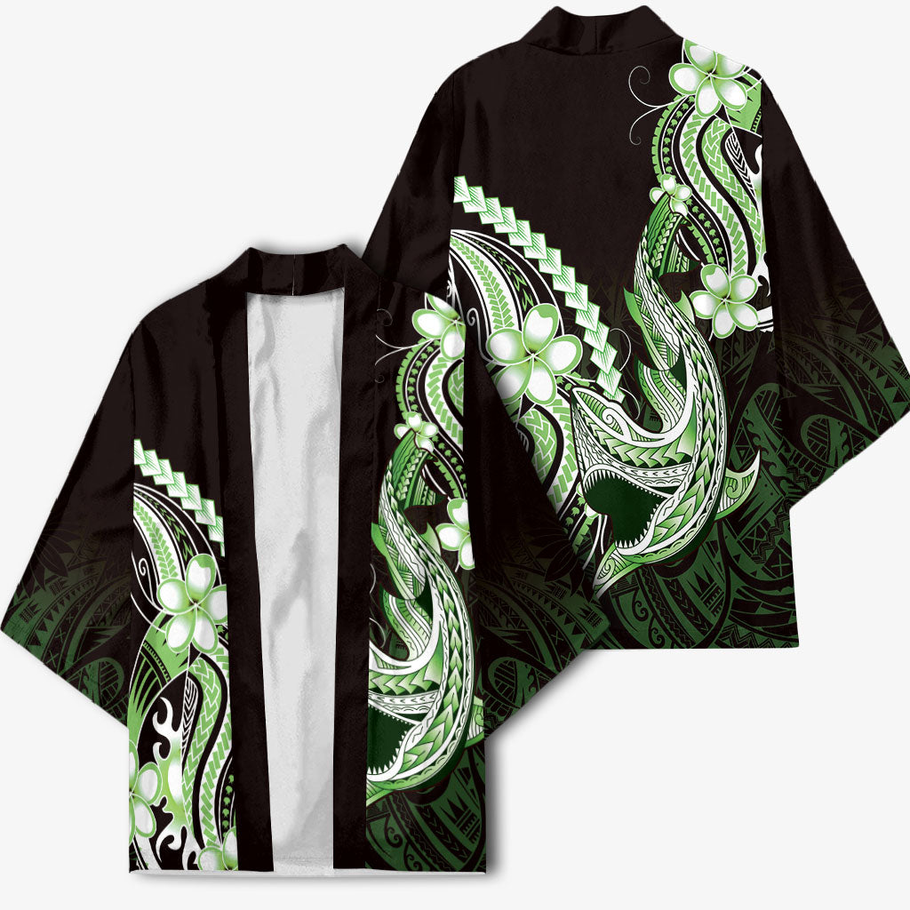 Green Black Aloha Hawaii Kimono Polynesian Shark Tattoo Plumeria