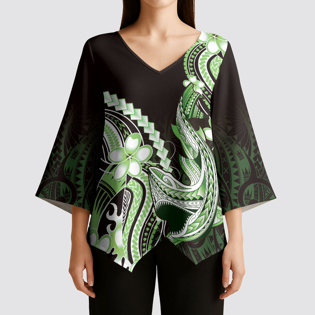 Green Black Aloha Hawaii Kimono Sleeve Blouse Polynesian Shark Tattoo Plumeria