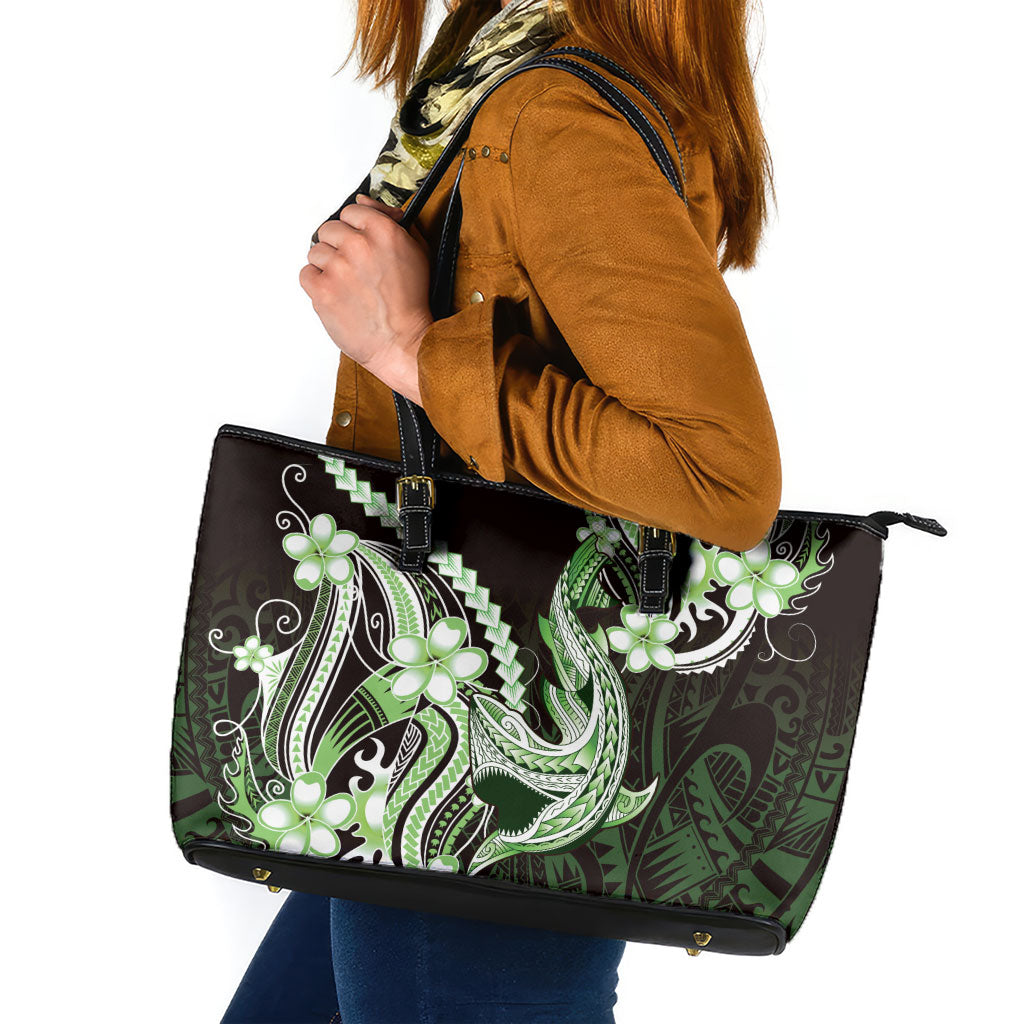 Green Black Aloha Hawaii Leather Tote Bag Polynesian Shark Tattoo Plumeria LT14 Green - Polynesian Pride