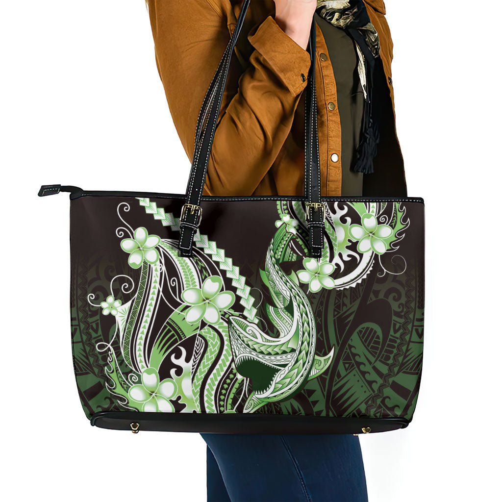 Green Black Aloha Hawaii Leather Tote Bag Polynesian Shark Tattoo Plumeria LT14 - Polynesian Pride