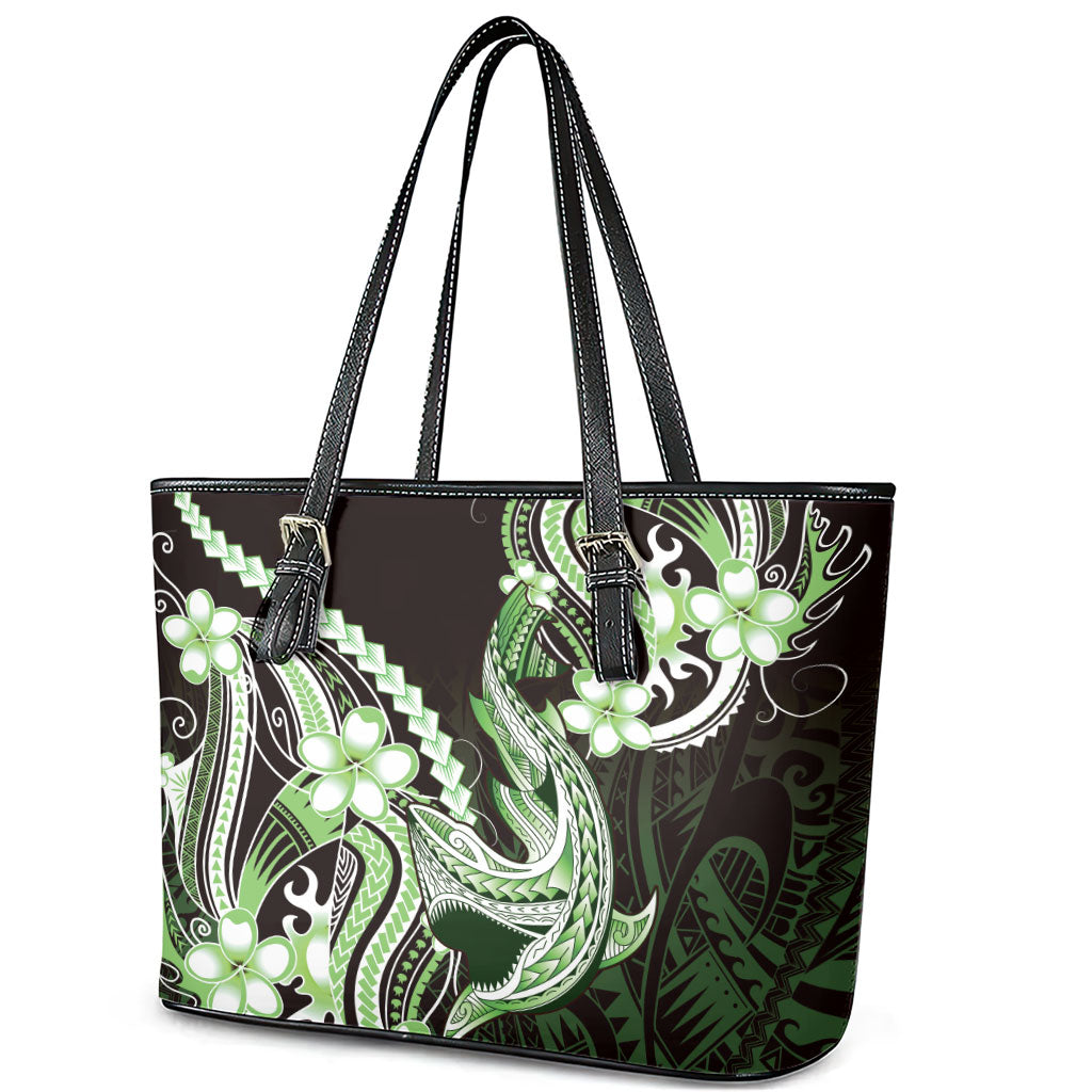 Green Black Aloha Hawaii Leather Tote Bag Polynesian Shark Tattoo Plumeria LT14 - Polynesian Pride