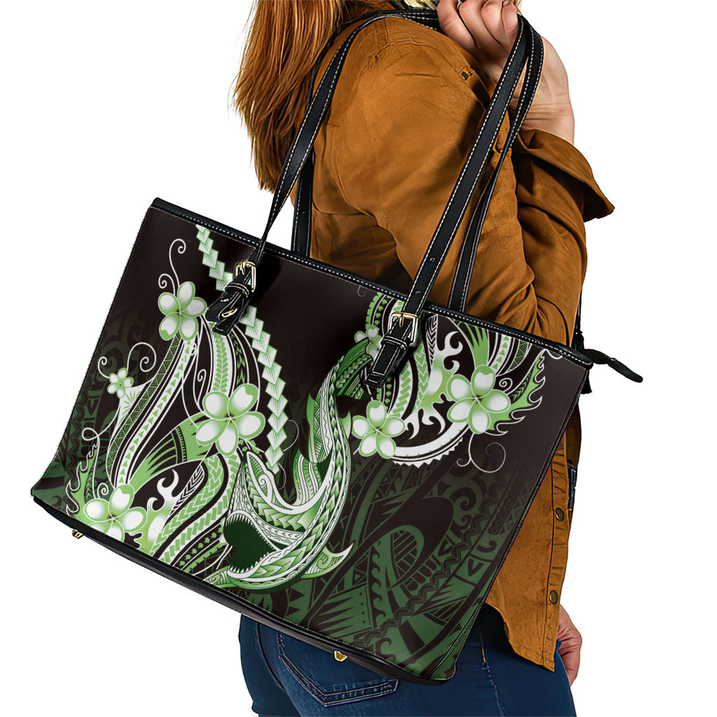 Green Black Aloha Hawaii Leather Tote Bag Polynesian Shark Tattoo Plumeria LT14 - Polynesian Pride