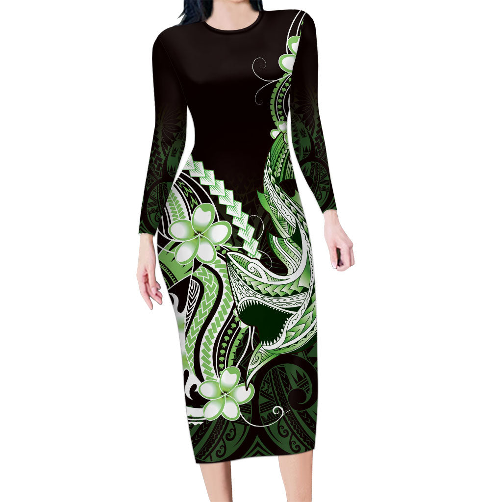 Green Black Aloha Hawaii Long Sleeve Bodycon Dress Polynesian Shark Tattoo Plumeria LT14 Long Dress Green - Polynesian Pride