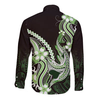 Green Black Aloha Hawaii Long Sleeve Button Shirt Polynesian Shark Tattoo Plumeria