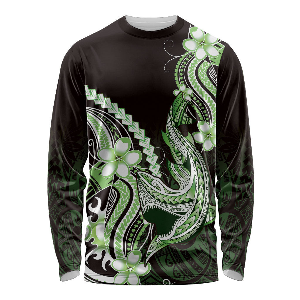 Green Black Aloha Hawaii Long Sleeve Shirt Polynesian Shark Tattoo Plumeria LT14 Unisex Green - Polynesian Pride